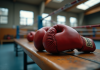 Gants de boxe vintage posés sur un banc en bois dans une salle lumineuse