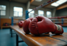 Gants de boxe vintage posés sur un banc en bois dans une salle lumineuse