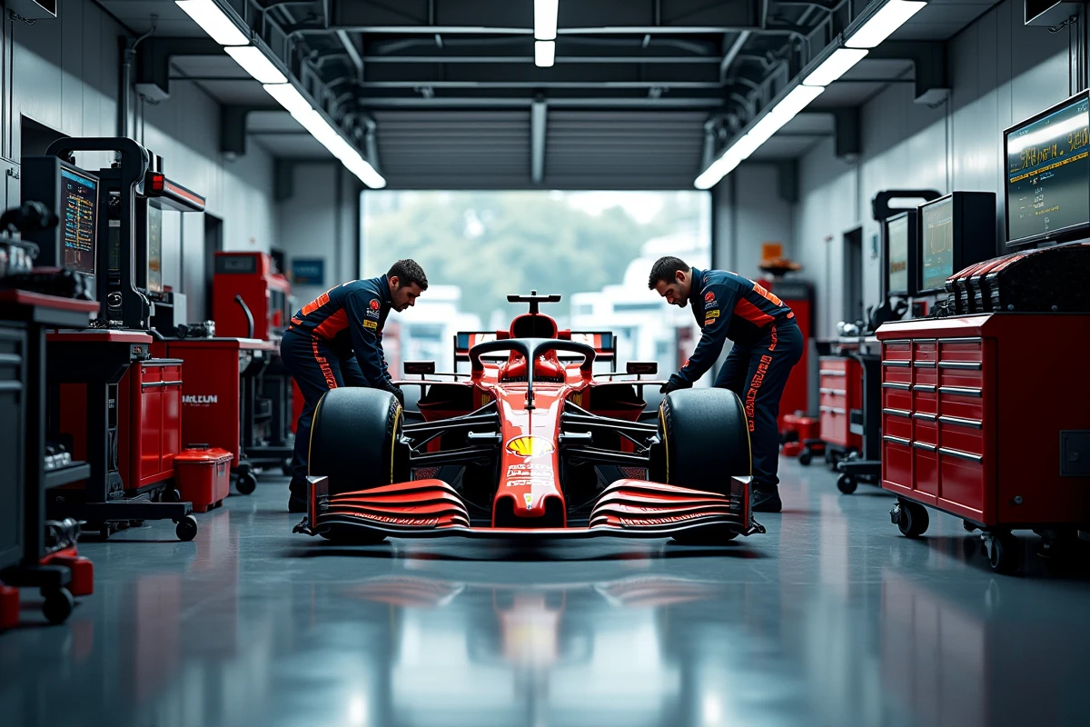 Garage d'une écurie de Formule 1 lors d'un week-end de course, mécaniciens au travail autour de la monoplace avec données télémétriques à l'écran