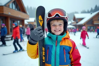 Garçon souriant en ski à Les Arcs 1800 avec pin et casque
