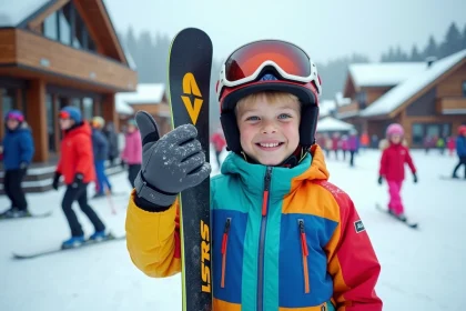 Garçon souriant en ski à Les Arcs 1800 avec pin et casque