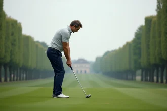 Golfeur s'apprêtant à frapper une balle sur un fairway soigné à 30 minutes de Paris, paysage d'Île-de-France en arrière-plan
