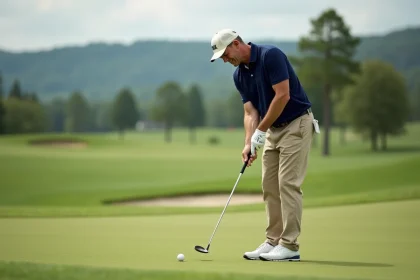Golfeur souriant en préparation sur un parcours vert