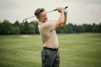 Golfeur adulte en plein swing sur le fairway, illustrant un geste technique expliqué dans un blog pédagogique sur le golf
