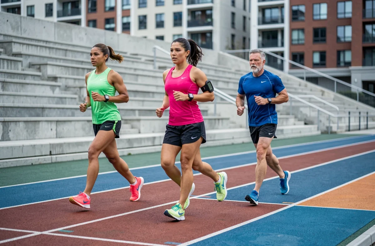 Groupe de coureurs s'entraînant sur une piste d'athlétisme en suivant leur allure et temps au kilomètre avec des montres GPS