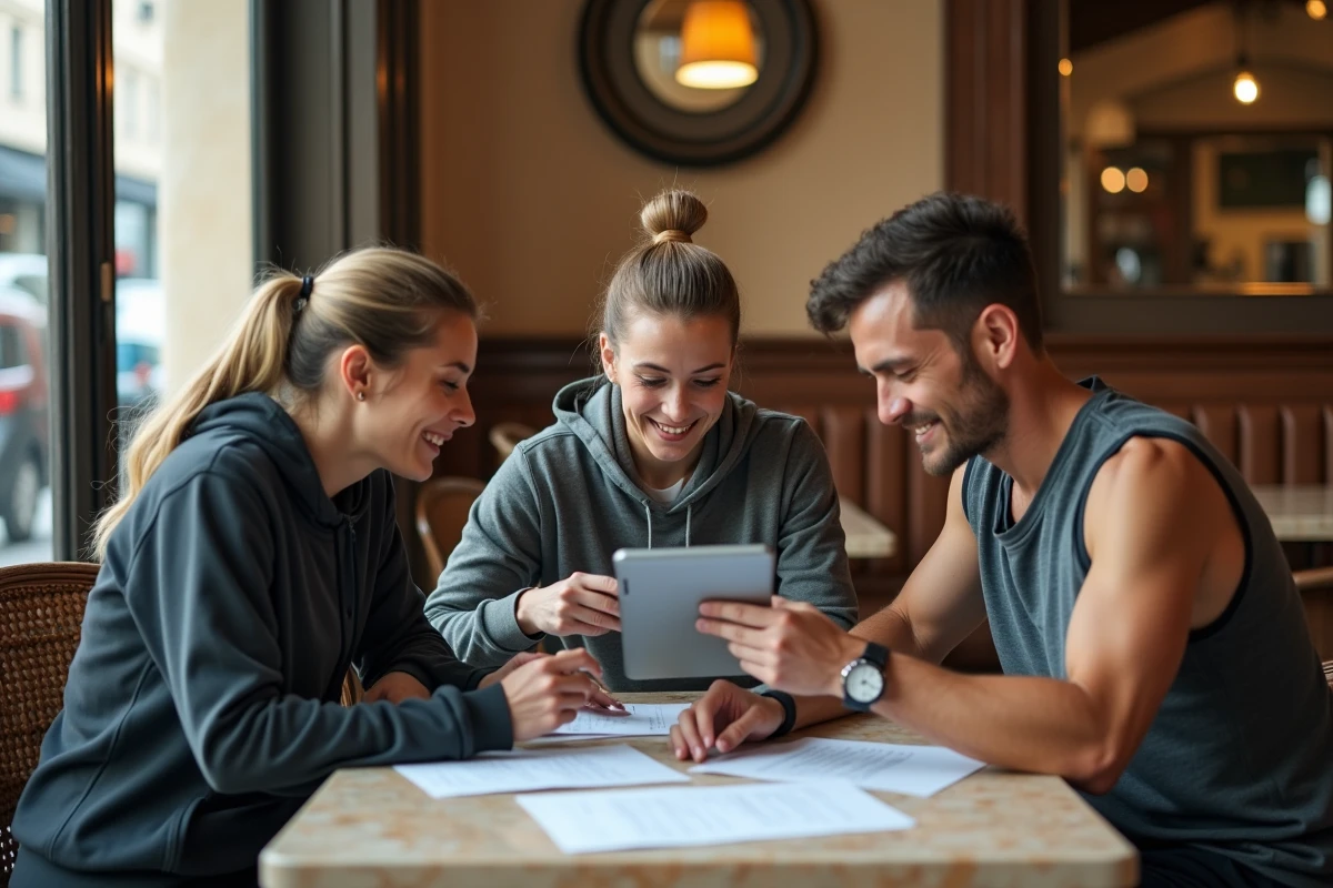 Groupe de coureurs comparant les stratégies de prix pour obtenir un dossard moins cher au Marathon de Paris 2026 dans un café parisien
