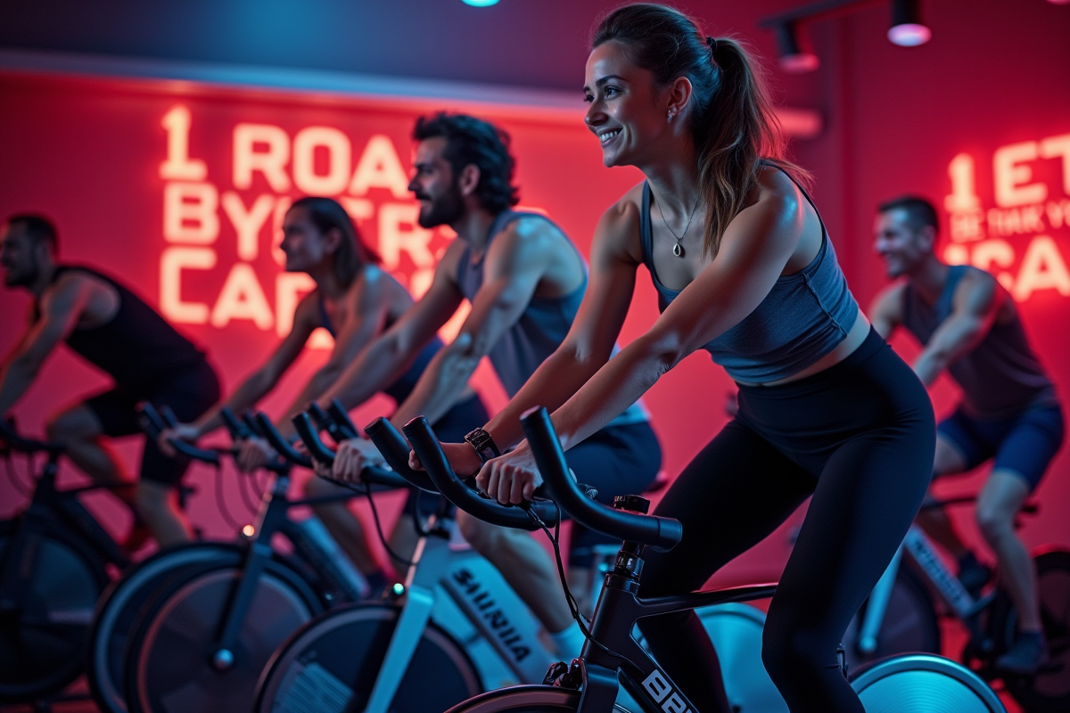 Groupe de cyclistes en salle avec coach et ambiance motivante