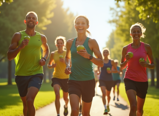 Coureurs : bienfaits des pommes pour la santé et la performance Groupe de coureurs avec pommes vertes dans un parc ensoleille