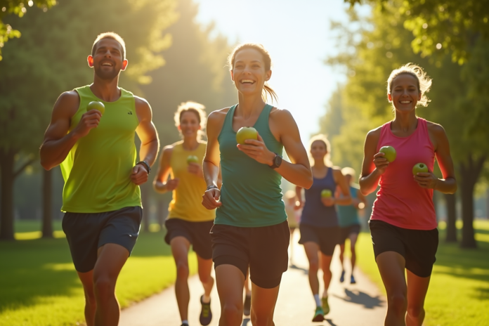 Groupe de coureurs avec pommes vertes dans un parc ensoleille