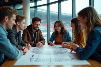 Jeunes adultes étudiant un plan de Bercy Arena