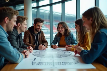 Jeunes adultes étudiant un plan de Bercy Arena