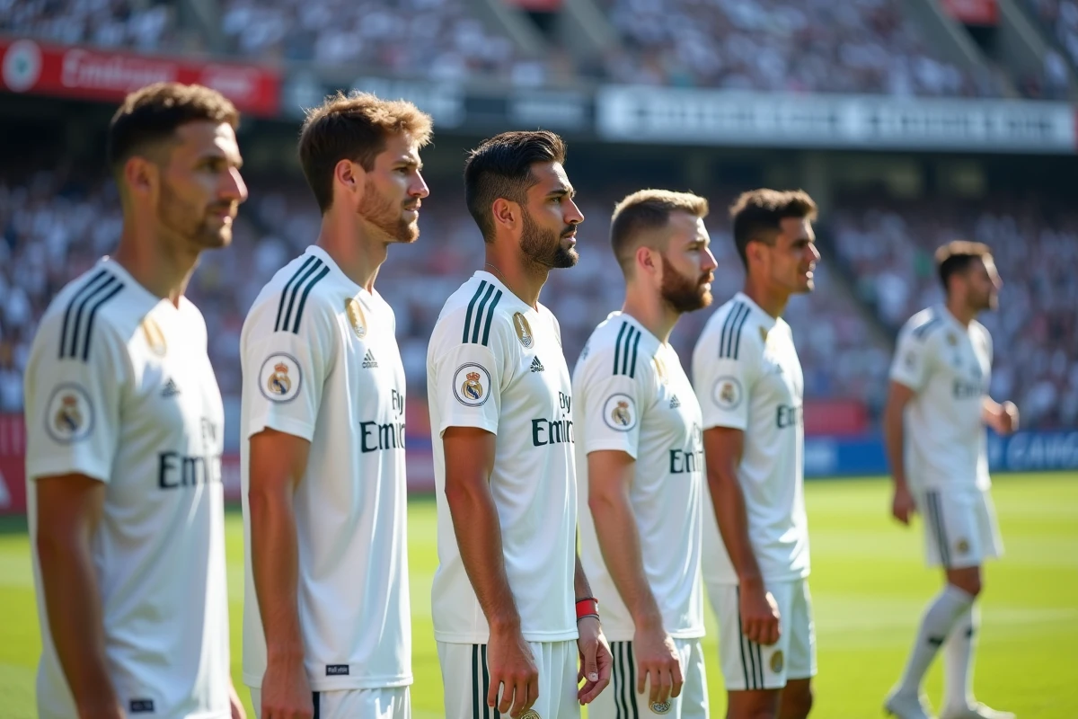 Groupe de joueurs du Real Madrid alignés sur la pelouse avant un match, comparaison des profils de l'équipe