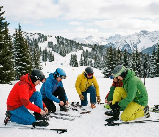 Ski : quelles sont les blessures les plus fréquentes et comment les prévenir ? Groupe de skieurs ajustant leur équipement en montagne
