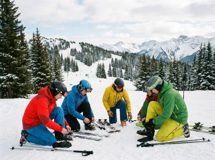 Groupe de skieurs ajustant leur équipement en montagne