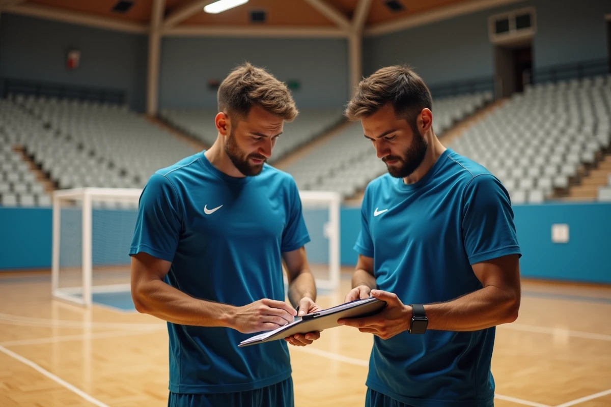 Deux joueurs de handball discutant de leur organisation entre entraînement et travail dans un gymnase portugais