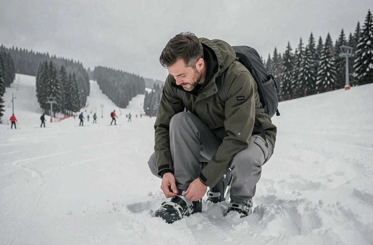 Homme ajustant ses chaussures de ski de location sur une piste enneigée dans une station accessible
