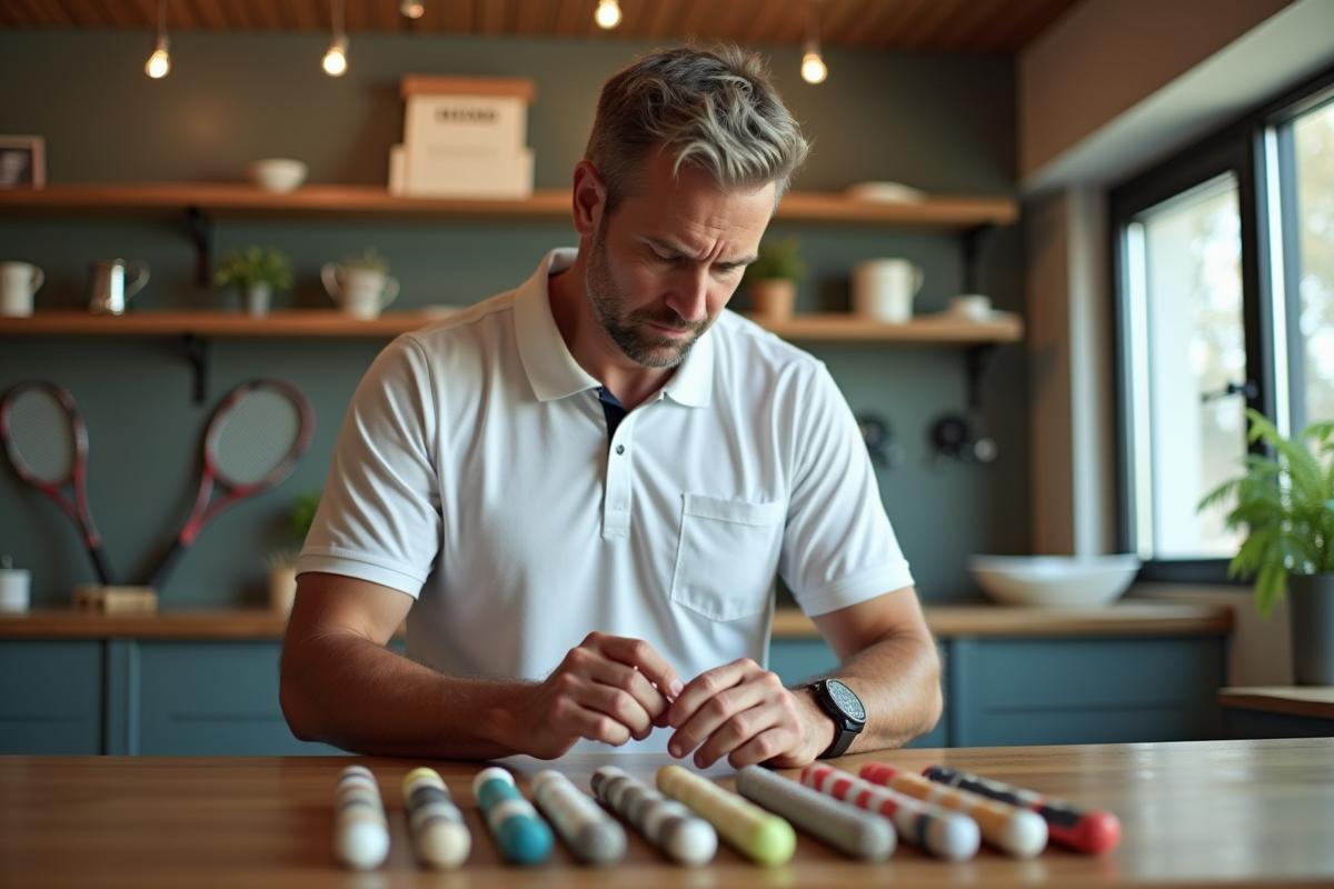 Homme choisissant un grip dans un magasin de tennis