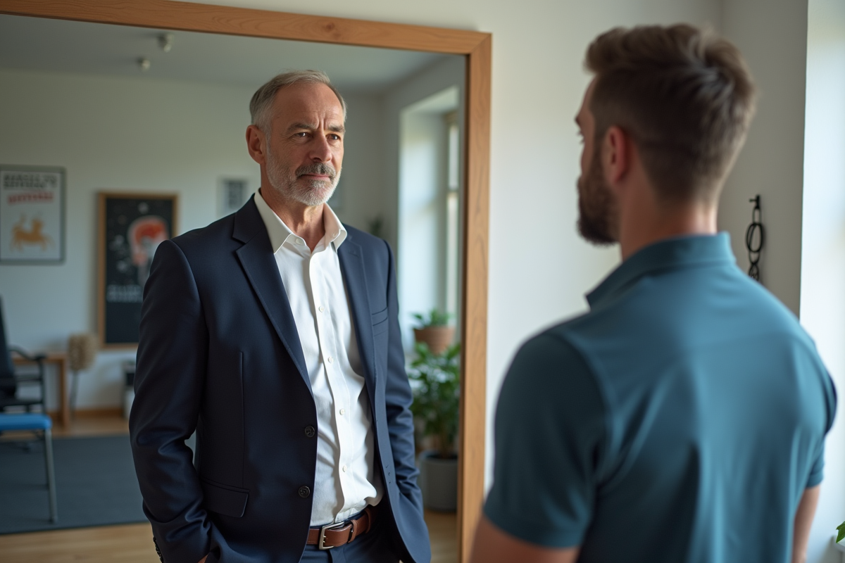 Homme en coaching de posture dans un gymnase à la maison