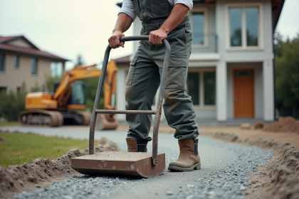 Homme en tenue de travail utilisant un compacteur sur gravier