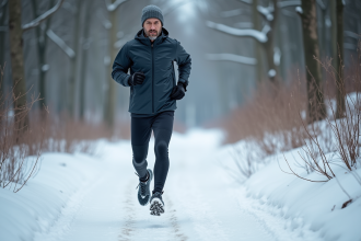 Homme d'âge moyen en tenue de course d'hiver dans la neige
