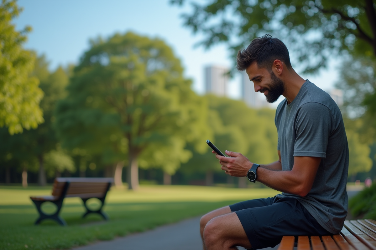 Homme assis sur un banc de parc après courir analysant ses données