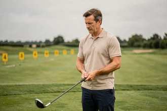 Homme apprenant la posture de golf sur un practice avant de réserver des cours officiels