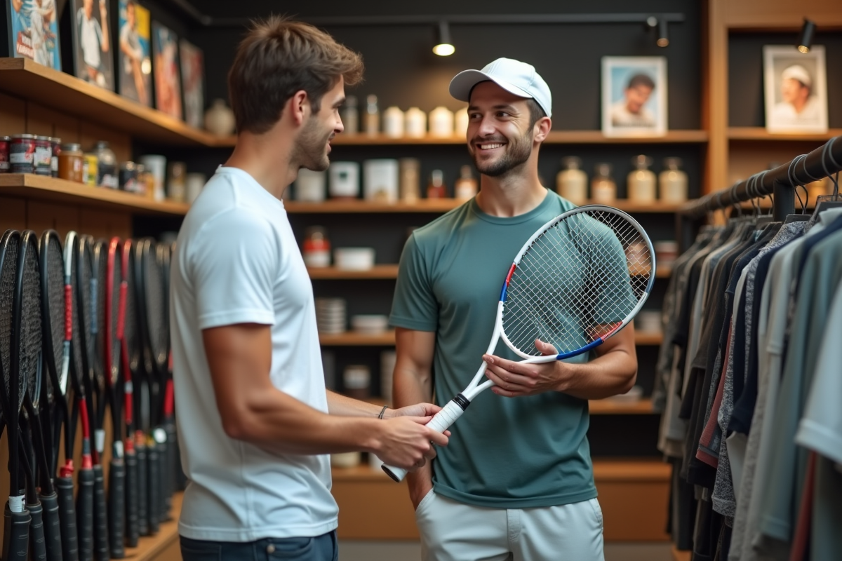 Jeune homme discutant avec un coach de tennis en magasin