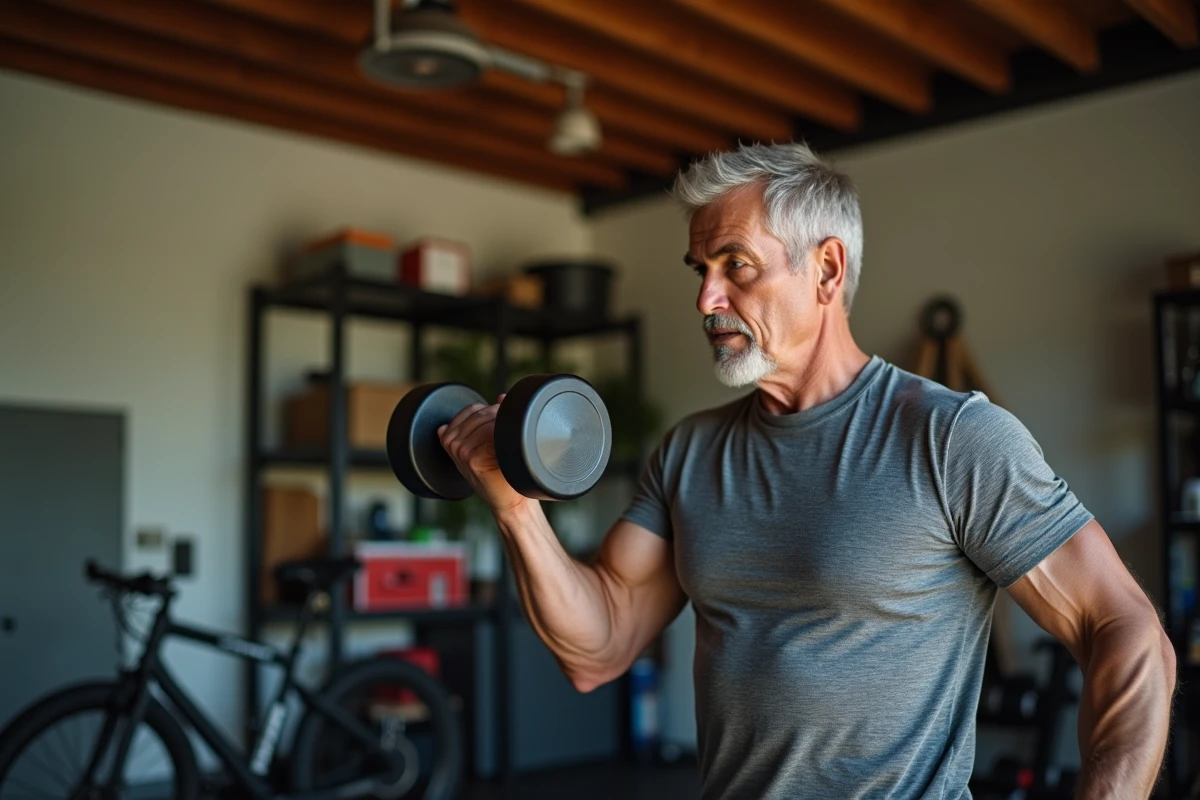 Homme mature faisant un développé avec haltères
