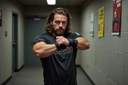 Homme en portrait effectuant un geste signature dans un couloir de salle de catch