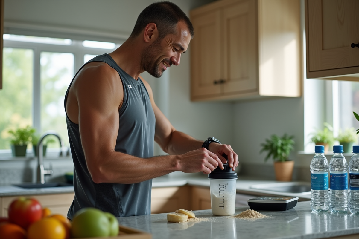 Homme préparant une boisson sportive dans sa cuisine