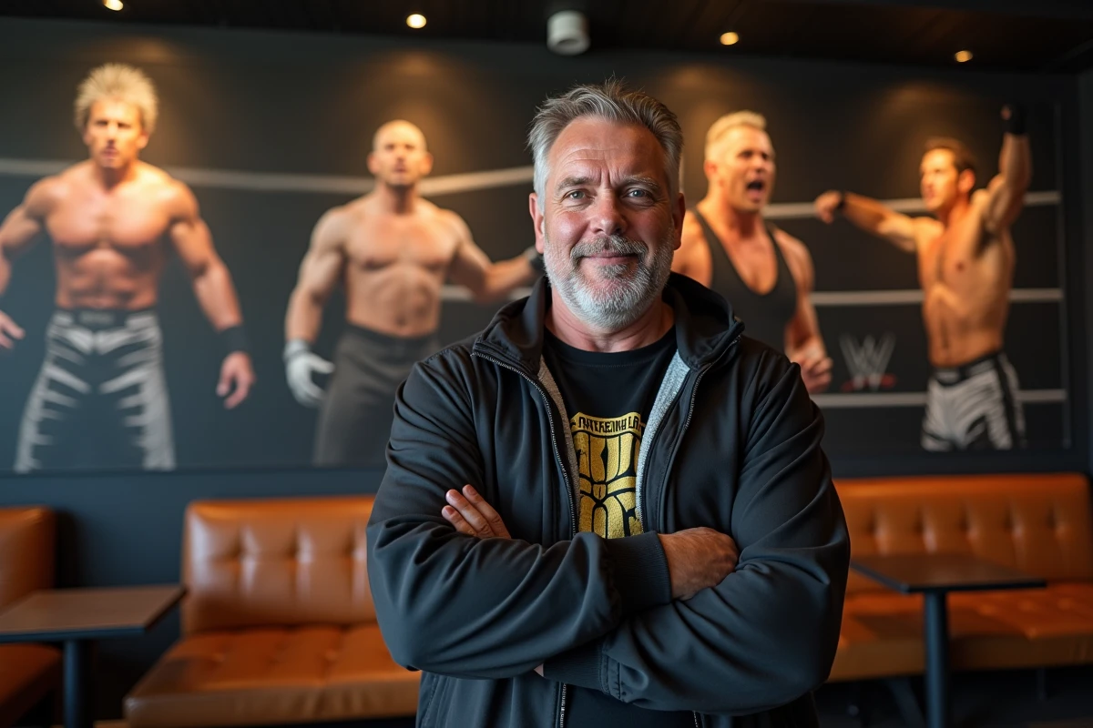 Homme debout devant un mur de wrestling moderne