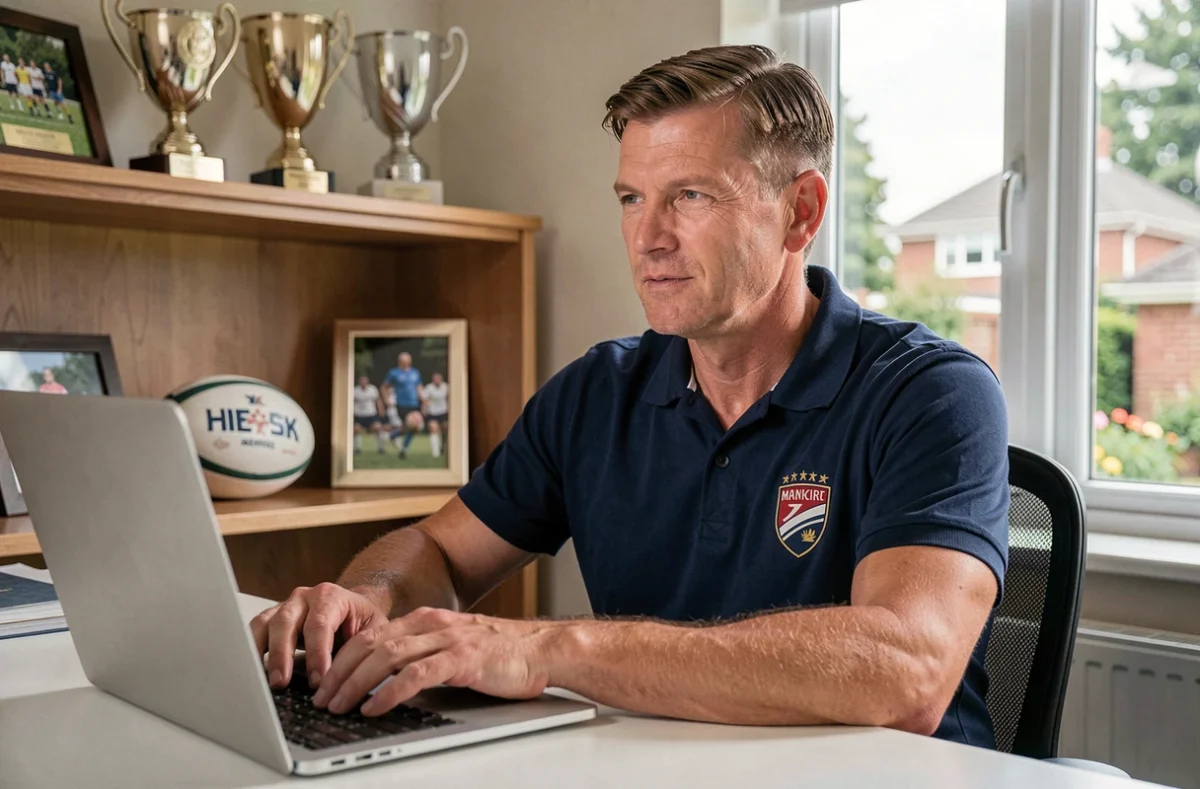 Homme publiant un article sur un forum de rugby libre depuis son bureau à domicile