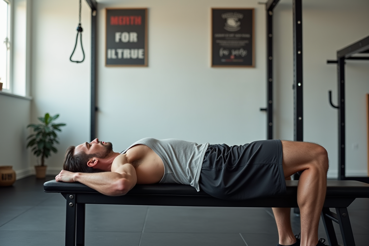 Homme se reposant sur un banc dans un espace fitness minimaliste