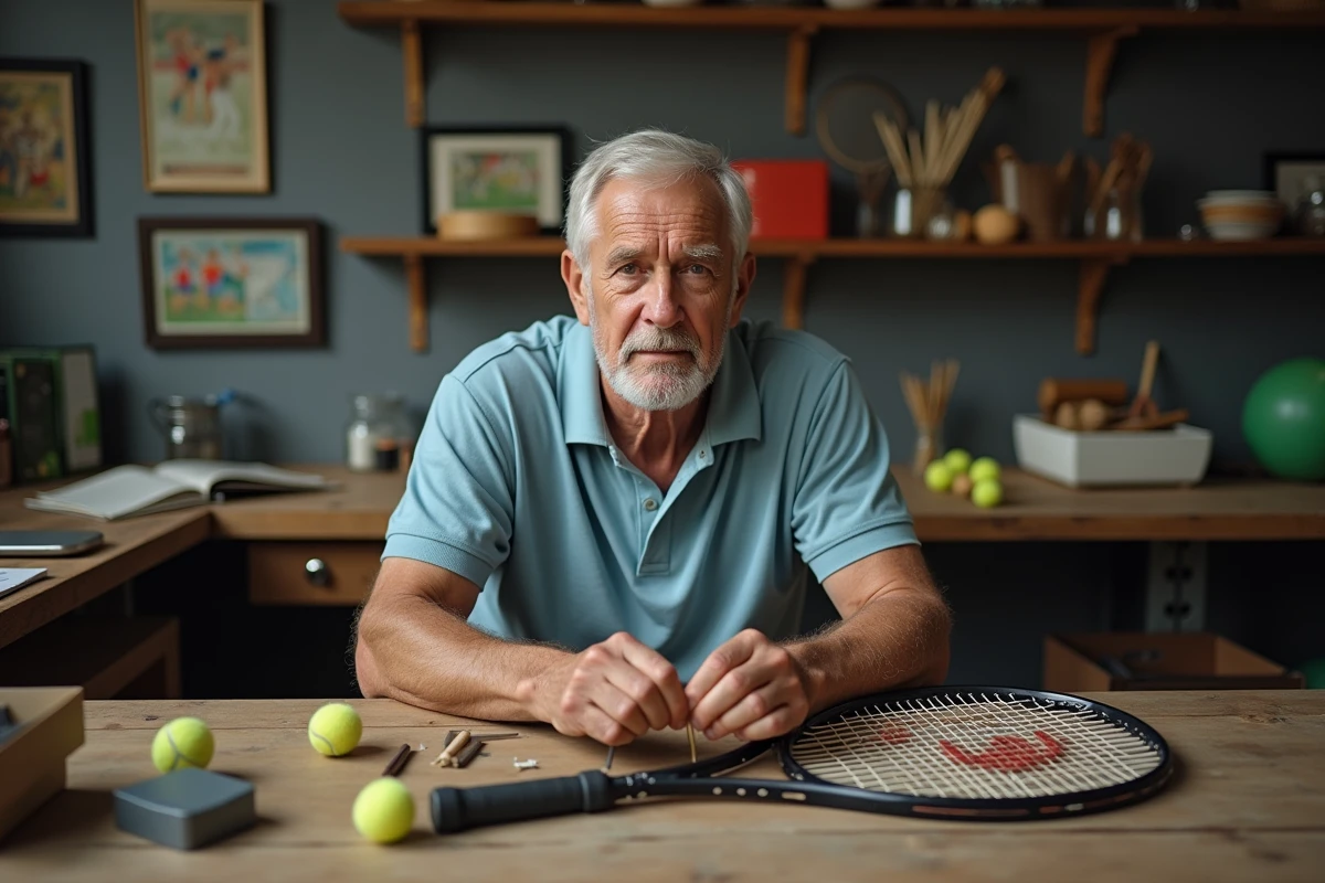 Homme âgé restringant son raquette de tennis au travail