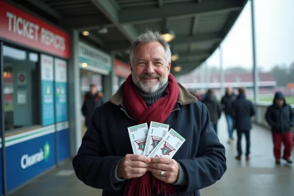 Homme français avec billets Six Nations devant stade rugby
