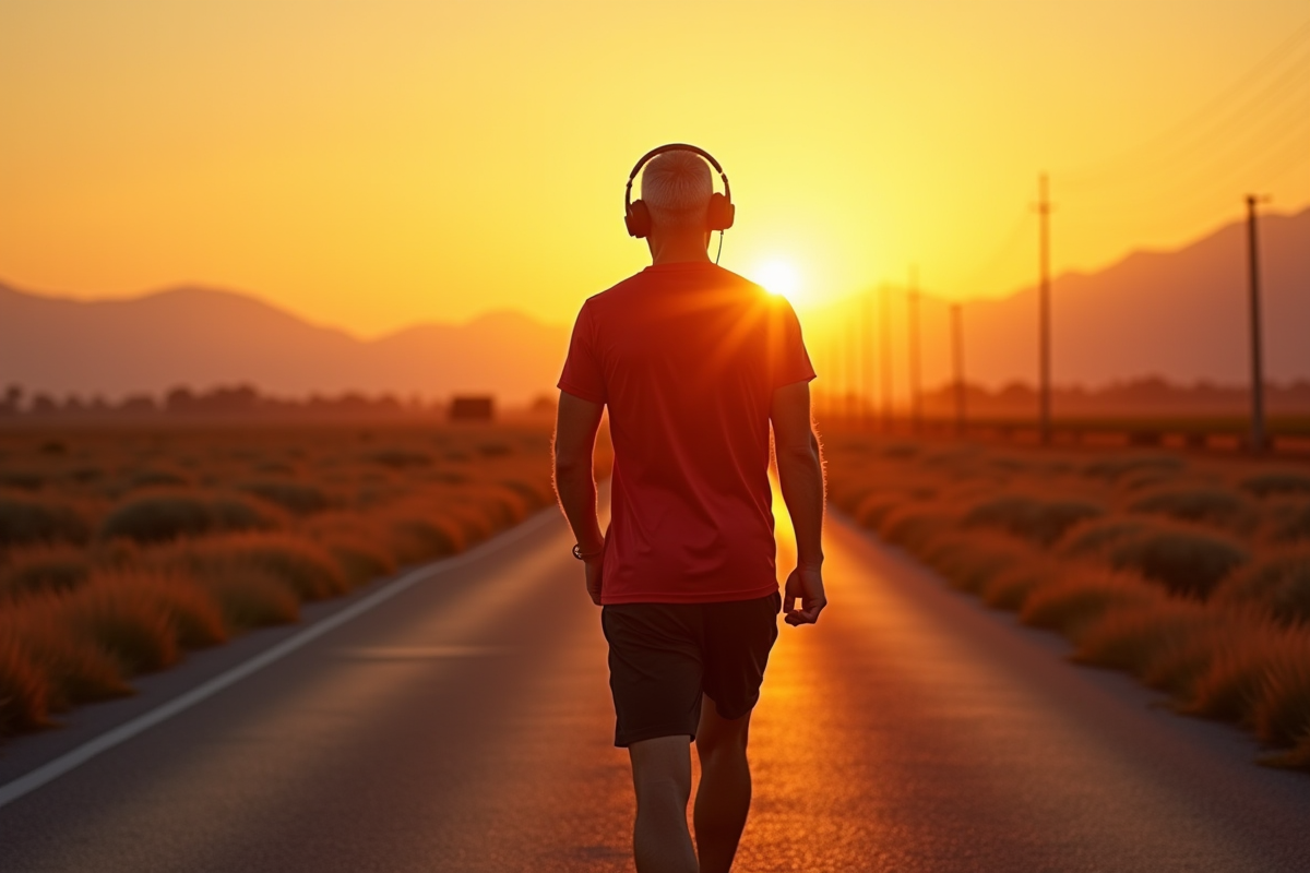 Homme âgé marche sur une route rurale au coucher du soleil