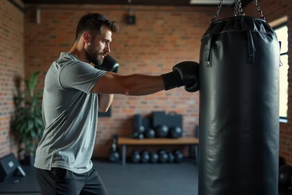 Homme adulte frappant un sac de boxe sur pied dans une salle de sport à domicile avec murs en brique