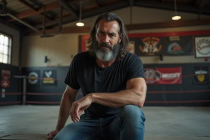 Homme assis pensif dans une salle de wrestling vintage