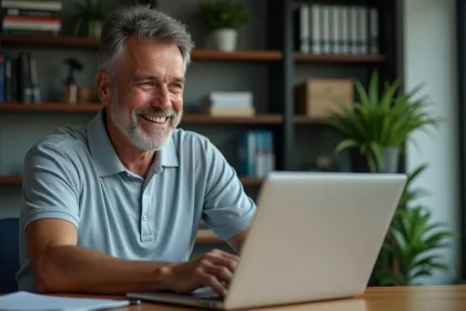 Homme souriant regardant une leçon de golf sur son ordinateur