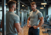 Jeune homme en fitness se regardant dans le miroir