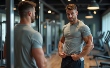 Jeune homme en fitness se regardant dans le miroir