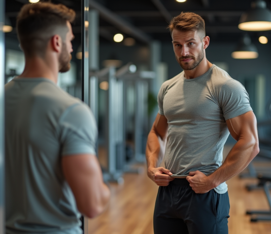 Jeune homme en fitness se regardant dans le miroir