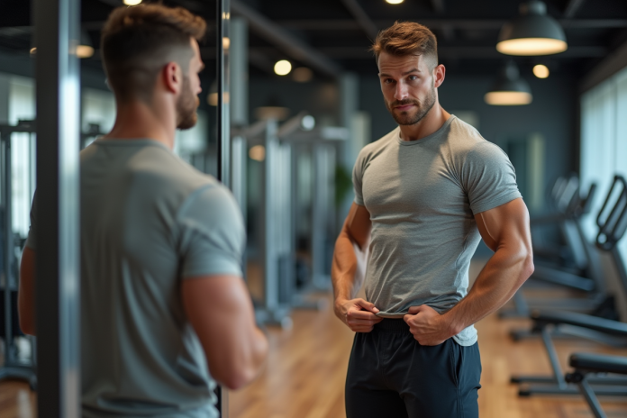 Jeune homme en fitness se regardant dans le miroir