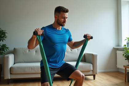 Jeune homme faisant curl avec bande de resistance dans salon