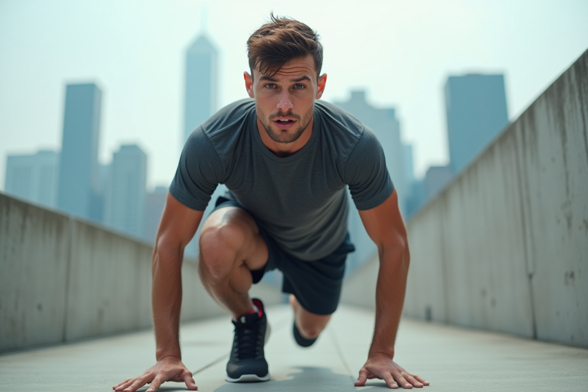 Homme faisant des mountain climbers sur un toit urbain