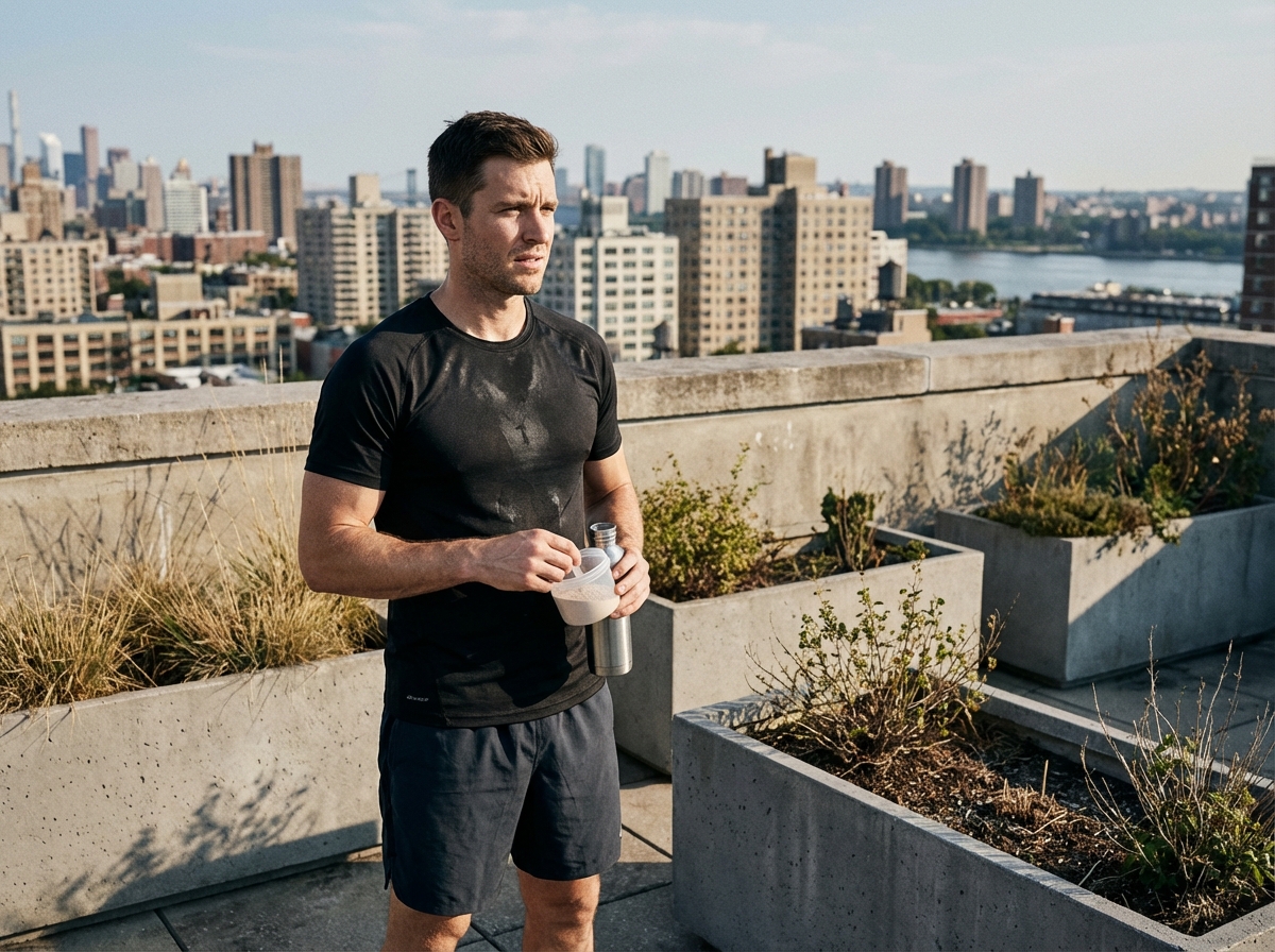 Homme athlétique sur un toit urbain après l