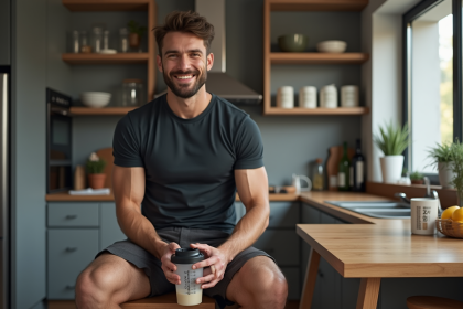 Homme sportif souriant avec shaker de proteines dans la cuisine