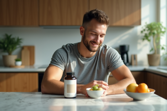 Homme sportif en cuisine avec vitamines et fruits frais