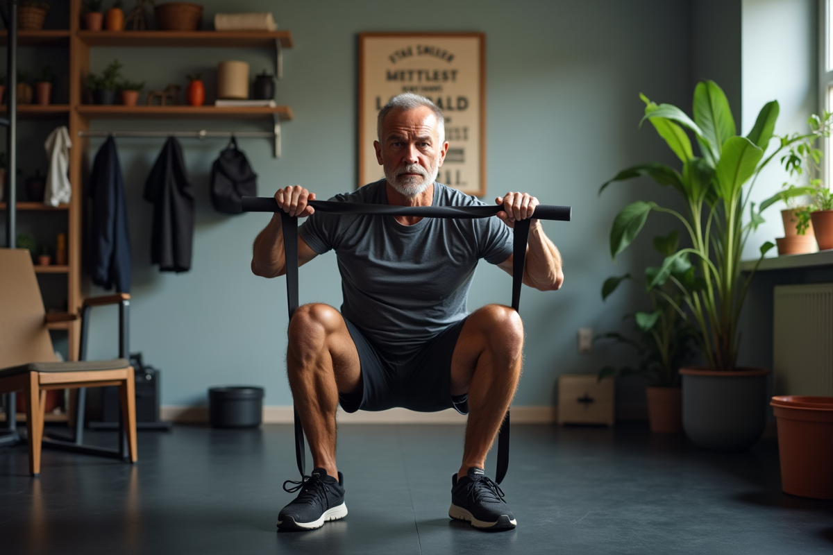 Homme faisant des squats avec bande de résistance dans un gym maison