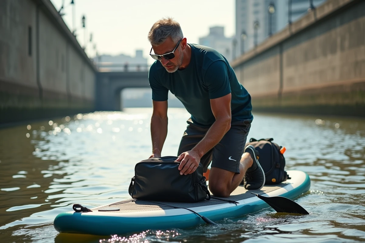 Homme vérifie son équipement de paddle sur une rivière urbaine